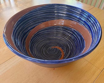 Large Decorative Bowl, Handmade Blue 13-inch-Wide Ceramic Centerpiece Pottery Bowl, Carved Spiral Design