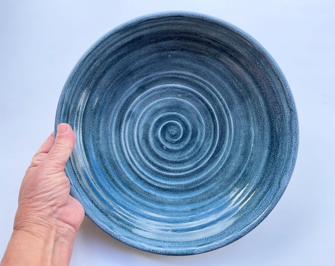 Wide Serving Plate, Teal Blue Pottery Carved Shallow Bowl, Deep Platter