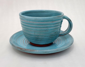 Ceramic Cup and Saucer, Handmade Turquoise Large Cappuccino/ Coffee Mug, Coffee Lover Pottery Gift