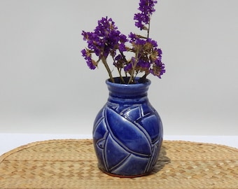 Pottery Flower Vase, Small Royal Blue Hand Carved Terracotta