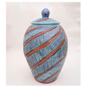 Handmade Large Jar with Lid, Huge Turquoise Pottery Carved Giant Ginger Jar, 9 Year Anniversary Gift