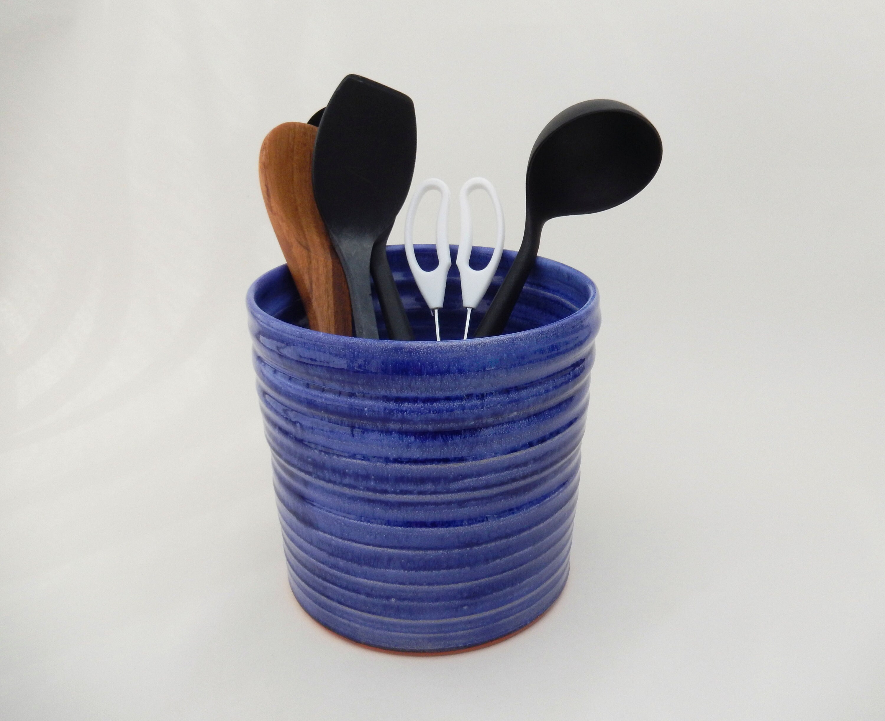 Large Utensil Crock Wide Handmade Blue Ceramic Utensil Etsy