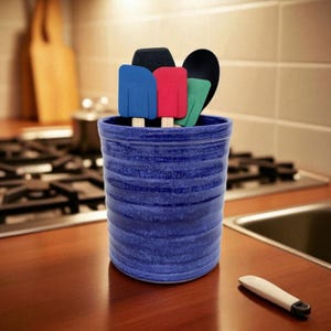 Blue Utensil Holder, Tall Pottery Utensil Crock, Big Cobalt Blue Handmade Ceramic Kitchen Caddy