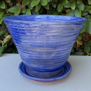 Large Planter with Saucer - Handmade Blue Pottery Flowerpot
