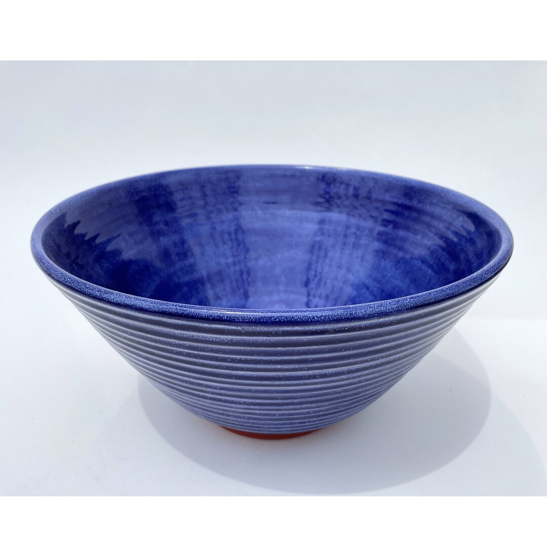 Ceramic Centerpiece Bowl, Blue Handmade, Handcarved, Striped Banded