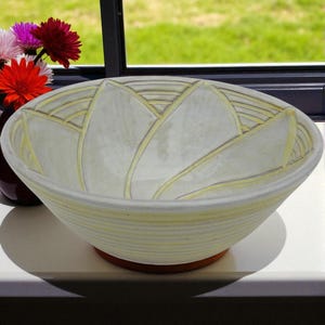 Ceramic Decorative Bowl Handmade, Yellow on Pale Yellow Carved Flower Design Bowl, Handmade Terracotta Bowl, 9 Year Anniversary Gift