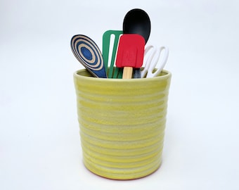 Large Utensil Crock, Yellow Ceramic Tall. Wide Handmade Utensil Holder, Pottery Kitchen Caddy