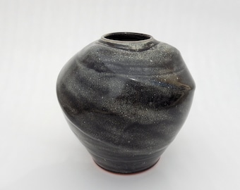 Ceramic Black Vase, Wavy Charcoal Grey Spherical Round Undulating Terracotta Pottery Vessel, Handmade Earthenware Flower Vase
