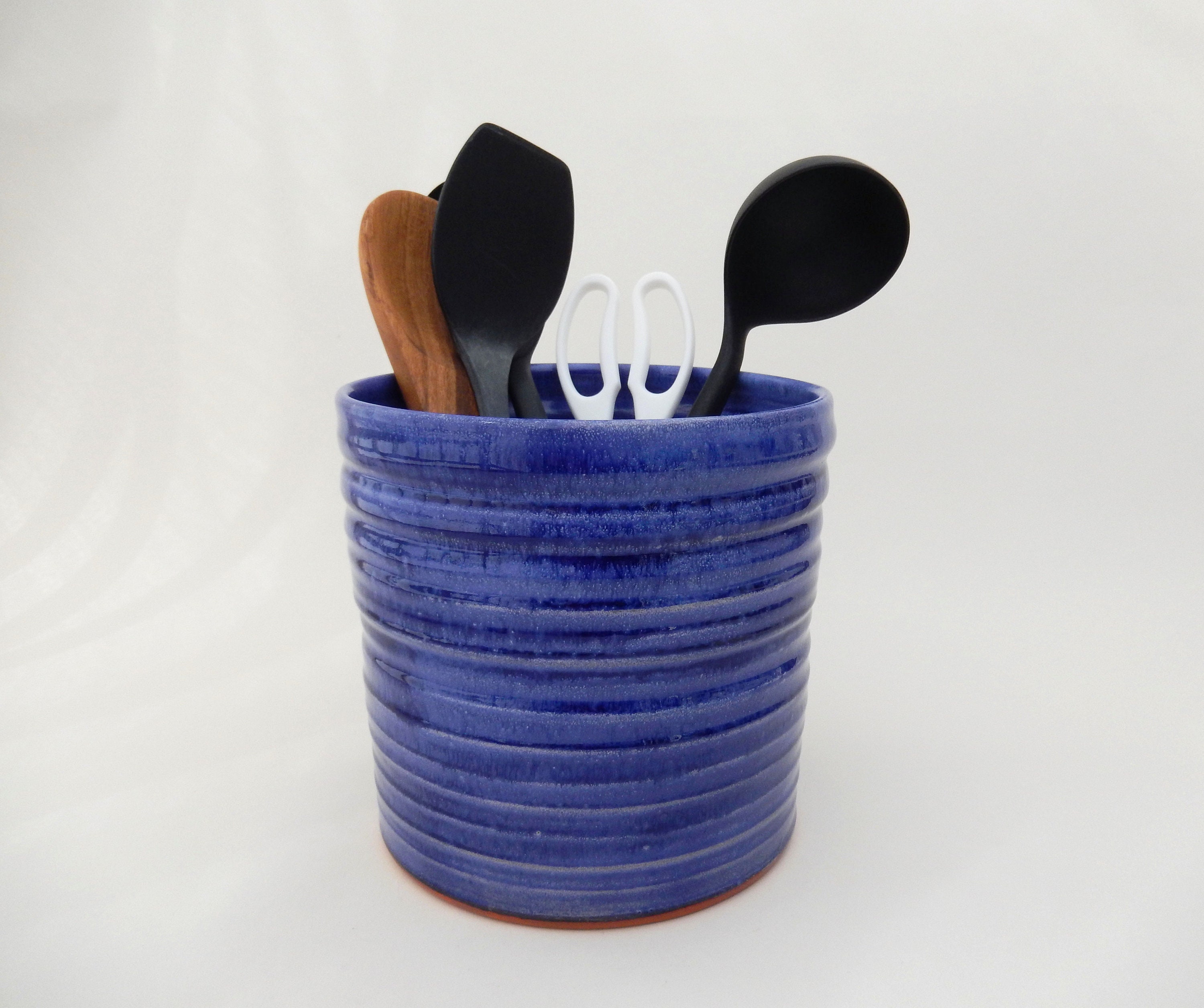 Large Utensil Crock Wide Handmade Blue Ceramic Utensil Etsy