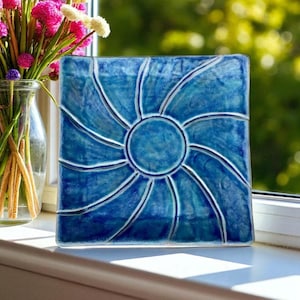 Passover Matzah Plate, Handmade Ceramic Blue Earthenware Hand Carved Square Platter