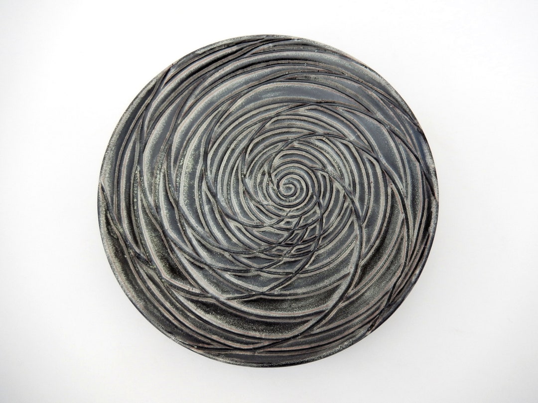 Decorative Serving Plate, Charcoal Gray Swirled Earthenware With off