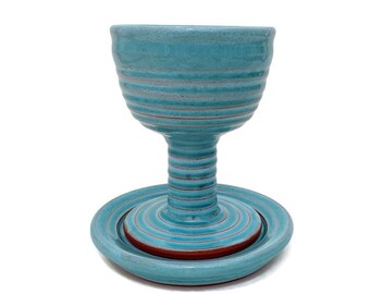 Ceramic Goblet with Saucer, Turquoise Pottery Chalice, Handmade One of a Kind Goblet with Stem