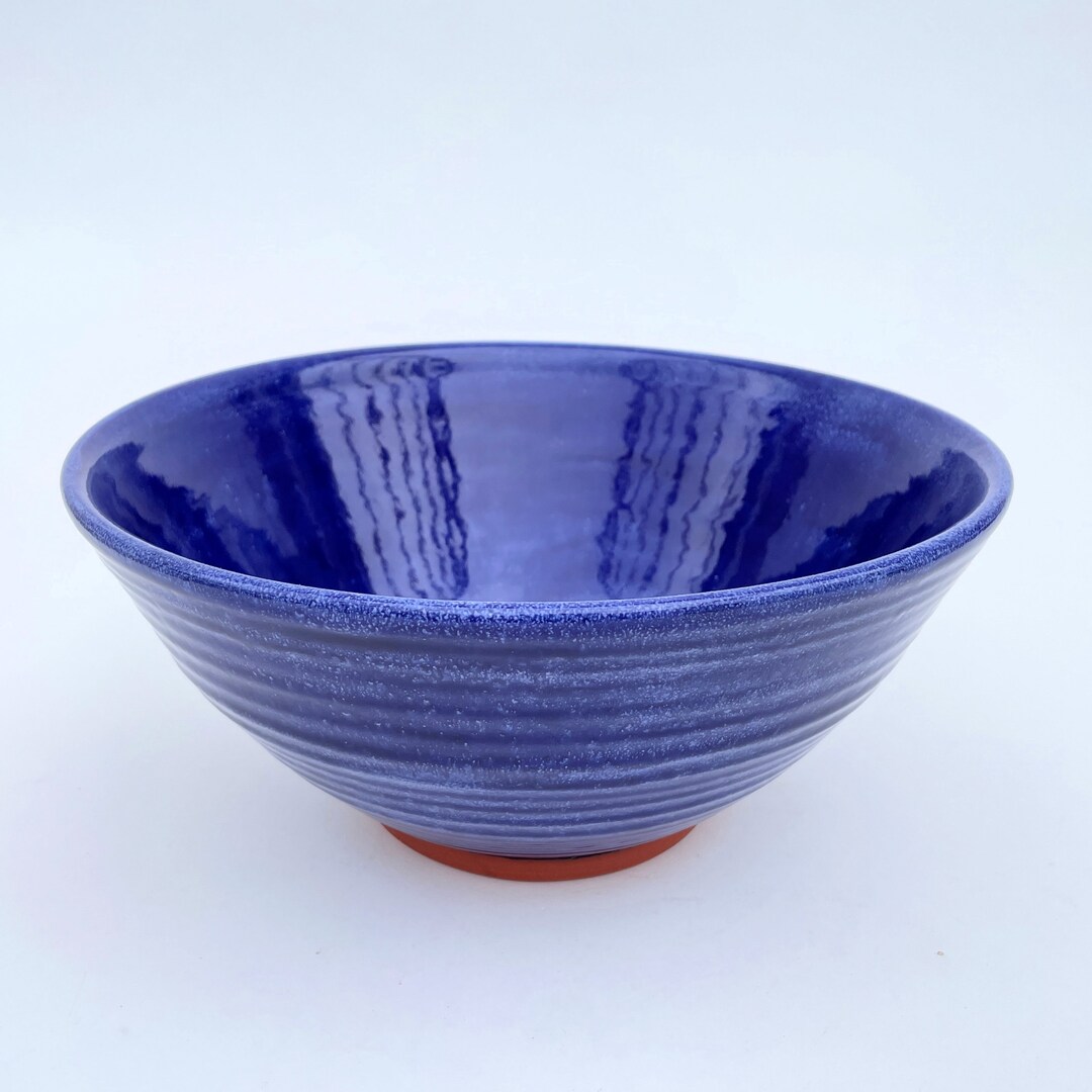 Blue Decorative Bowl, Pottery Serving Bowl Handmade, Carved Clay