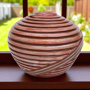 Flower Vase, Handmade Burnt Orange Ceramic Vase: Carved Striped Orb