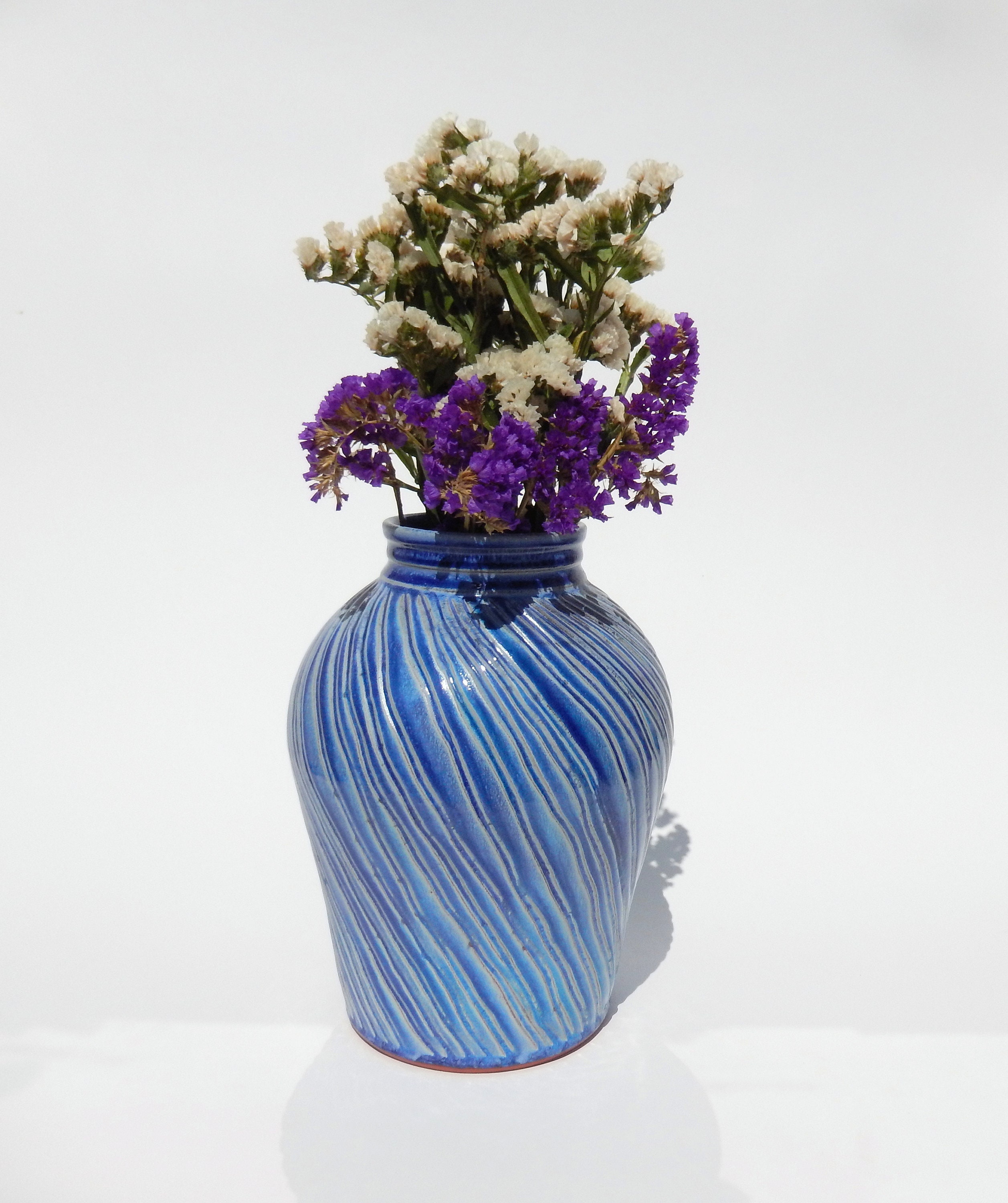 Blue Pottery Vase Wavy Handmade Tall Aquamarine Wheel Thrown Etsy UK