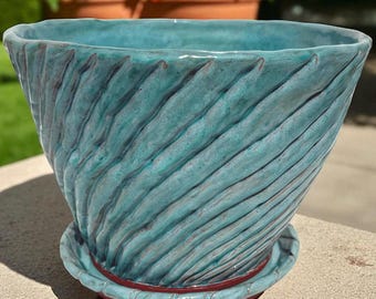Large Ceramic Planter with Saucer: Turquoise Handmade Decorative Pottery Flowerpot