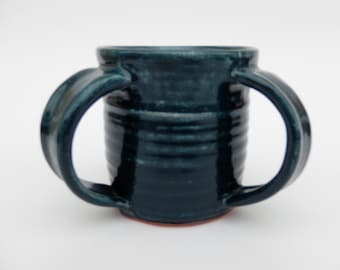 Teal Washing Cup, Ceramic Negel Vasser, Pottery Two Handled Cup