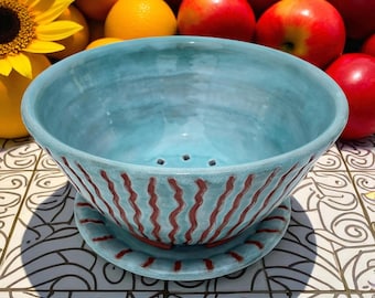 Handmade Pottery Berry Bowl with Saucer: Turquoise & Terracotta Colander