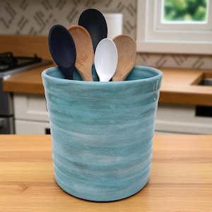 Large Utensil Holder, Turquoise Ceramic Kitchen Utensil Crock, Handmade Seafoam Green Glazed Pottery