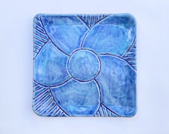 Matzah Plate Ceramic, Turquoise Blue Square Plate, Handmade Decorative Abstract Floral Design Aquamarine Plate