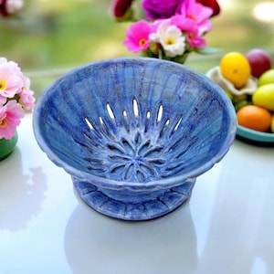 Ceramic Berry Bowl, Ceramic Fruit Colander, Berry Bowl Decorative Handmade, Aquamarine Ceramic Colander with Dish, Ceramic Fruit Bowl