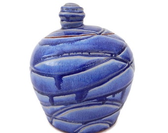 Unique Blue Jar With Lid, Hand Carved Round Pottery Jar, Handmade Modern Ceramic Lidded Container