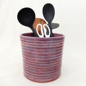 Large Utensil Crock, Berry, Purple/ Red Kitchen Utensil Holder, Wide Handmade Ceramic Caddy image 1