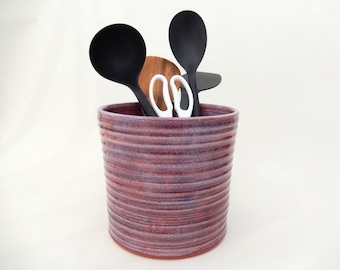 Large Utensil Crock, Berry, Purple/ Red Kitchen Utensil Holder, Wide Handmade Ceramic Caddy