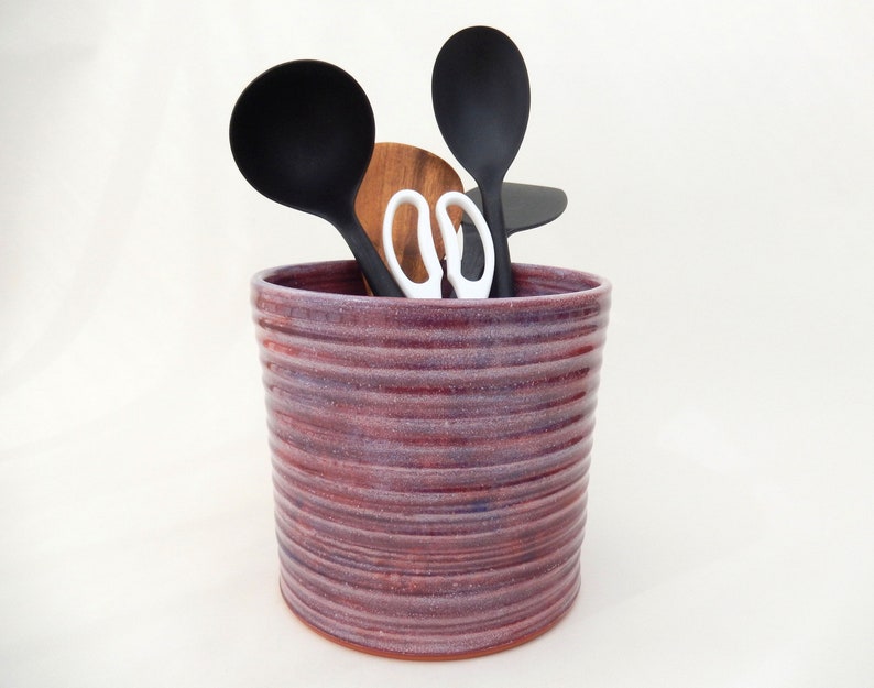 Large Utensil Crock, Berry, Purple/ Red Kitchen Utensil Holder, Wide Handmade Ceramic Caddy image 1