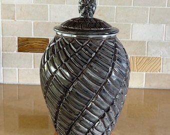 Handmade Gray Checkered Ceramic Jar with Lid:  11 3/4-inch-Tall Decorative Jar