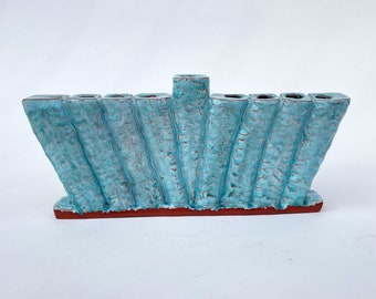 Menorah, Chanukah Turquoise Ceramic Handmade, Hand Carved Modern Design