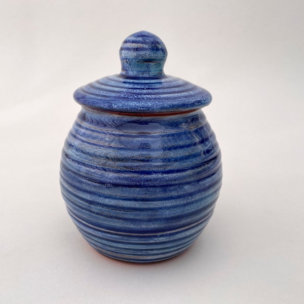Blue Jar with Lid, Ceramic Handmade Carved Lidded Pottery Jar by MiriamsKiln