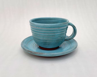 Turquoise Cup and Saucer, Ceramic Large Cappuccino/ Coffee Mug, Handmade Pottery Gift