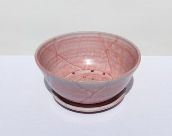 Colander Berry Bowl With Saucer, Handmade Large Ceramic Red/ Rose Glazed Terracotta Fruit Colander with Plate