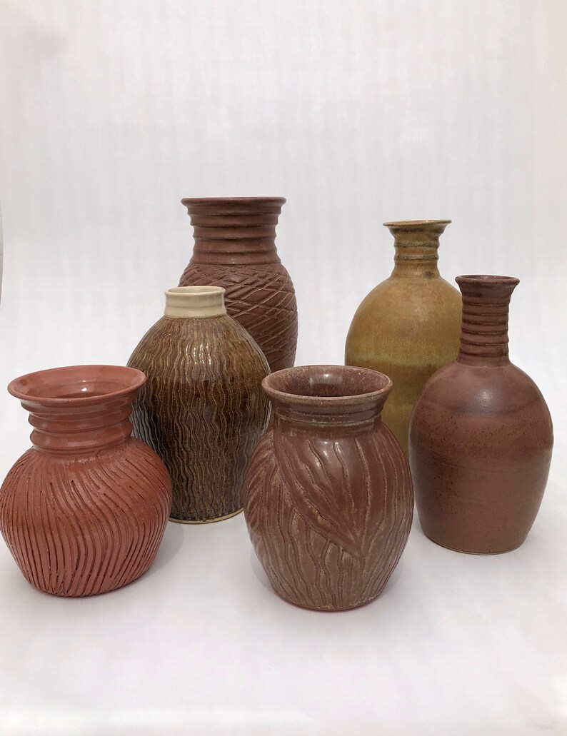 Tall Flower Vase, Elegant Brown Handmade Carved Matte Stoneware Pottery Vase image 5