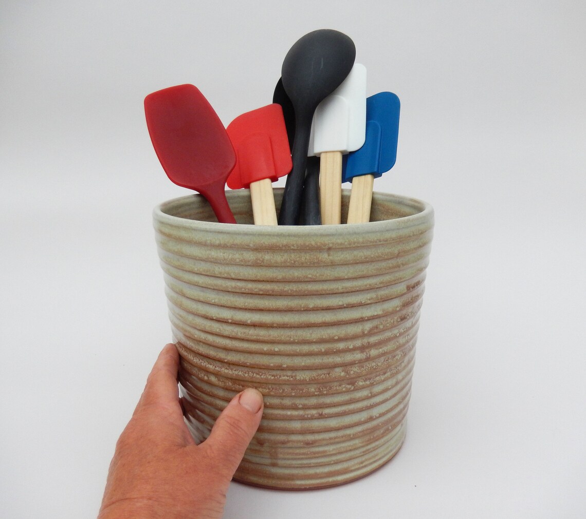 Large Utensil Crock Wide Brown Utensil Holder Kitchen Caddy Etsy
