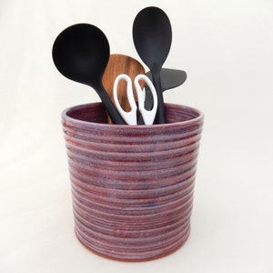 Large Utensil Crock, Berry, Purple/ Red Kitchen Utensil Holder, Wide Handmade Ceramic Caddy image 3