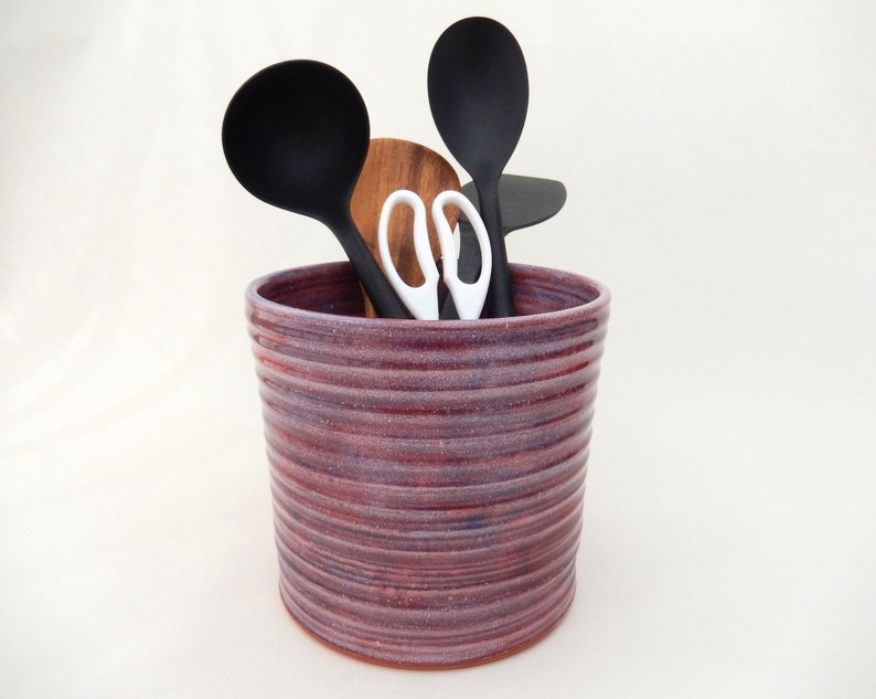 Large Utensil Crock, Berry, Purple/ Red Kitchen Utensil Holder, Wide Handmade Ceramic Caddy image 3