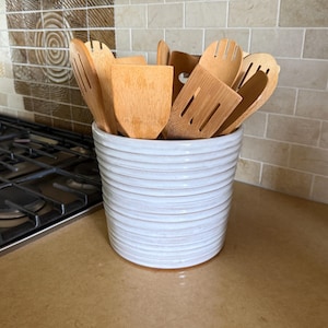 Large Kitchen Utensil Holder: Wide White Ceramic Handmade Crock