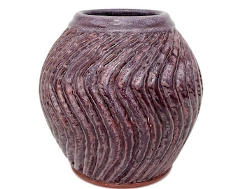 Pottery Purple Vase, Spherical Wavy Rippled Ceramic Vessel