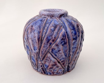 Ceramic Vase Decorative Carved , Purple Hand Carved Abstract Nature Inspired Vessel, Handmade Floral Vase