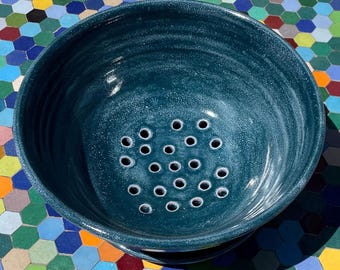Handmade Teal Ceramic Berry Bowl with Plate: Colander Fruit Bowl Gift