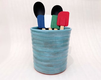 Pottery Utensil Holder, Large Handmade Crock, Turquoise Ceramic Caddy, Handmade Kitchen Gift
