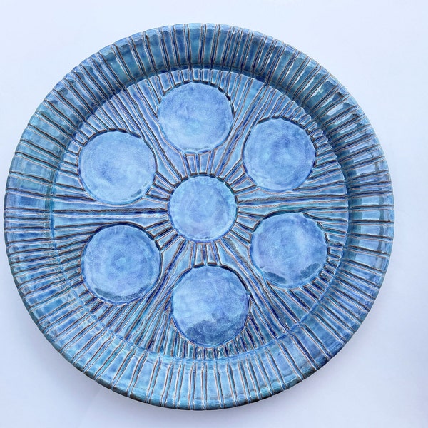 Ceramic Seder Plate, Passover Aquamarine Jewish Seder Plate, Handmade Turquoise Blue Earthenware Pottery Gift