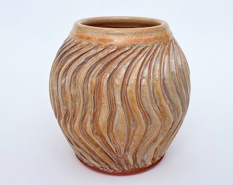 Ceramic Flower Vase, Orange Decorative Carved Vase, Handmade Ceramic Round Rippled Orb Vase