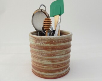 Ceramic Handmade Crock, Brown/ Tan Glaze, Functional Pottery Utensil Holder