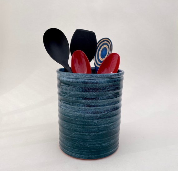 Large Utensil Holder Teal Blue Ceramic Utensil Crock Etsy