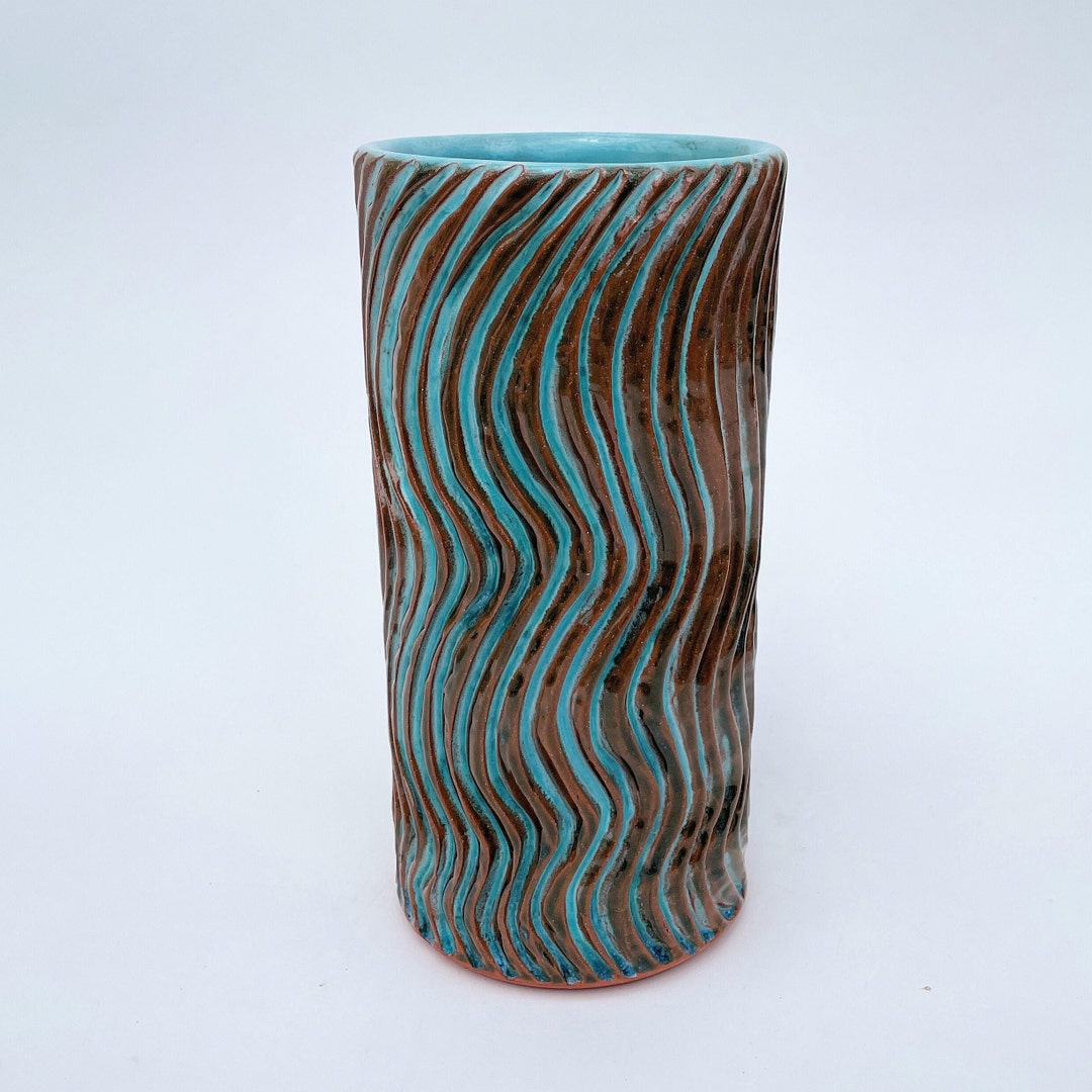 Centerpiece Cylinder Vase, Ceramic Wavy Carved Turquoise and
