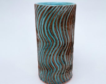 Centerpiece Cylinder Vase, Ceramic Wavy Carved Turquoise and Transparent Green Over Brown Terracotta Clay Glaze Vase