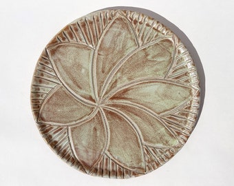 Decorative Tan Plate, Floral Ceramic Neutral Brown/ Beige design, Handmade Abstract Botanical Pattern
